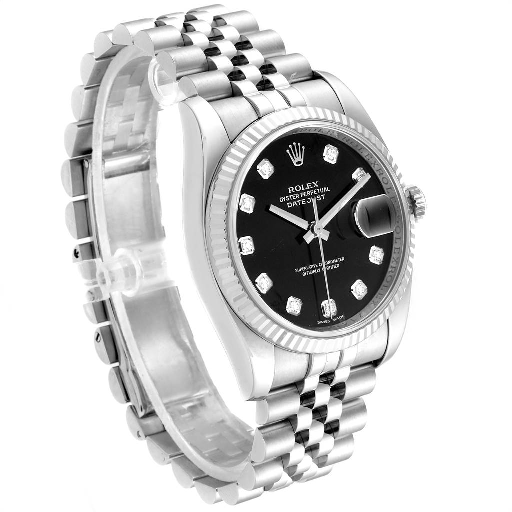 The Rolex Datejust 116234 Men's Stainless Steel Black Dial 116234 Men's Stainless Steel Black Dial watch is shown at an angle highlighting the face, bezel, and bracelet on the left side.