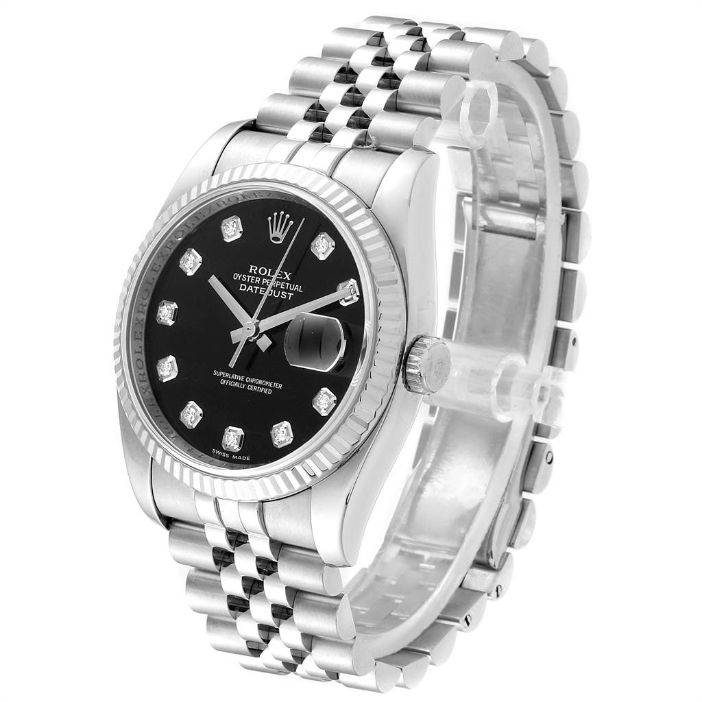 This image shows a Rolex Datejust 116234 Men's Stainless Steel Black Dial 116234 Men's Stainless Steel Black Dial watch at a 3/4 angle, highlighting its black dial, fluted bezel, and Jubilee bracelet.