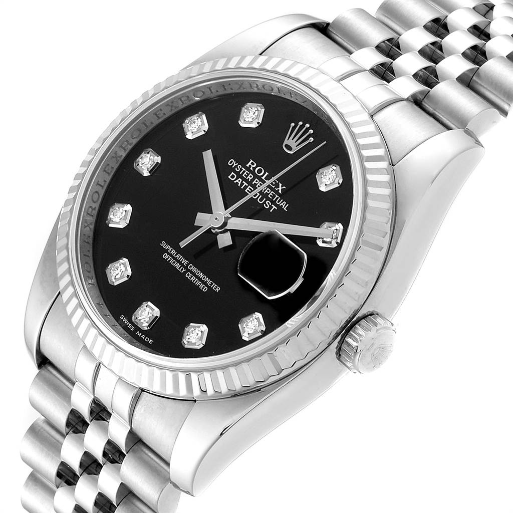 The image shows a close-up angle of a Rolex Datejust 116234 Men's Stainless Steel Black Dial 116234 Men's Stainless Steel Black Dial watch focusing on the dial, bezel, crown, and part of the bracelet.