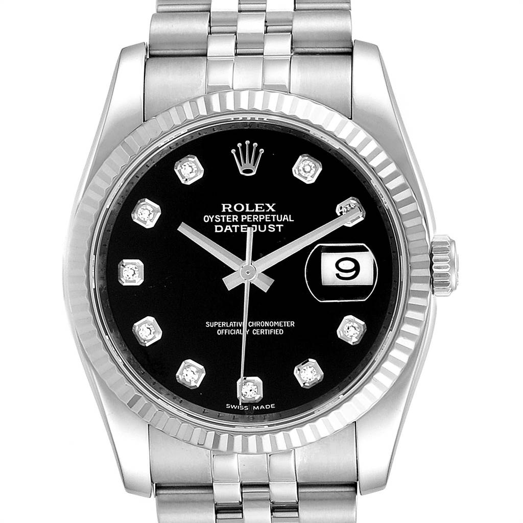 The image shows a front view of a Rolex Datejust 116234 Men's Stainless Steel Black Dial 116234 Men's Stainless Steel Black Dial watch, highlighting the black dial, diamond hour markers, fluted bezel, and Jubilee bracelet.