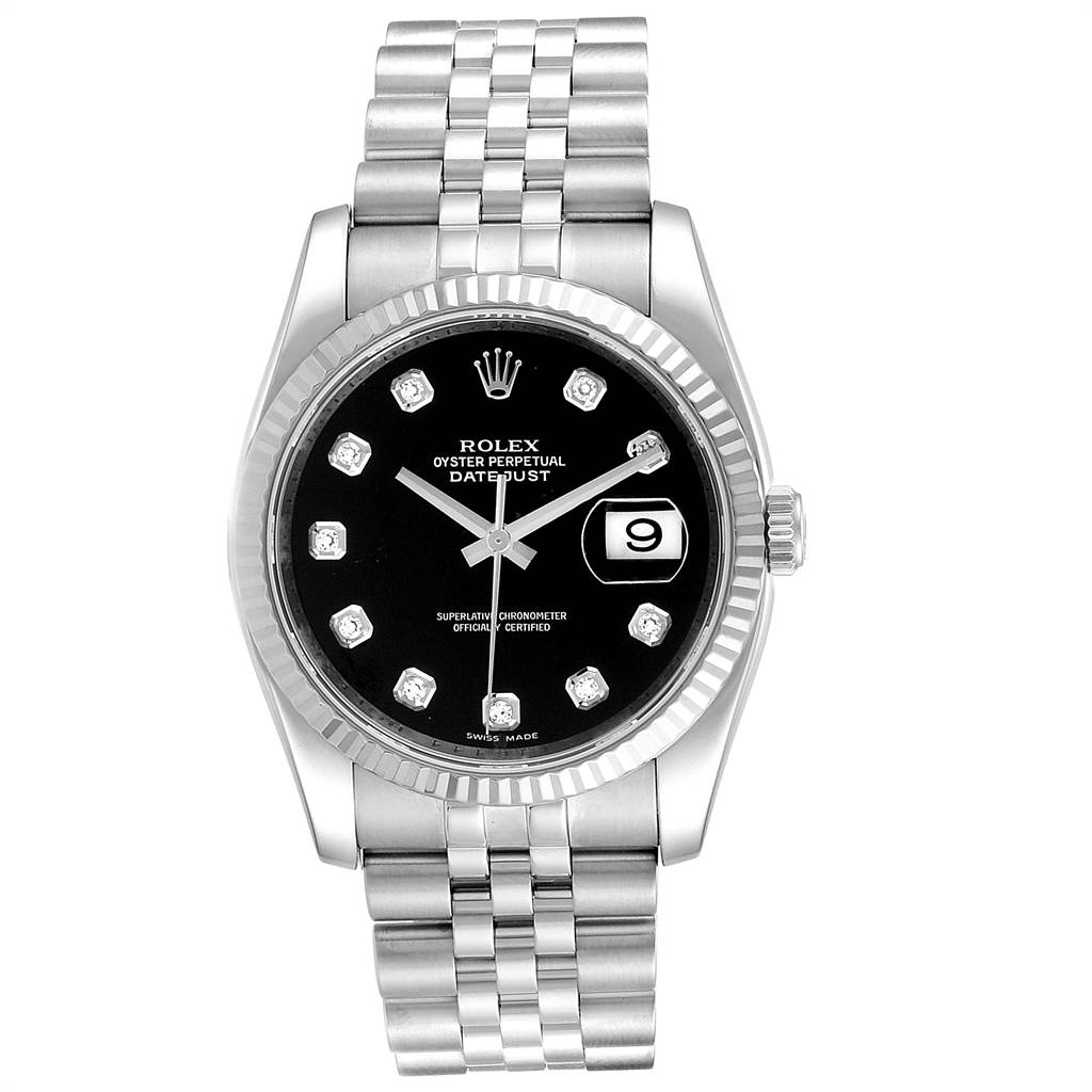 This image shows a Rolex Datejust 116234 Men's Stainless Steel Black Dial 116234 Men's Stainless Steel Black Dial watch from a front view, highlighting the face, bezel, bracelet, and dial with date window.