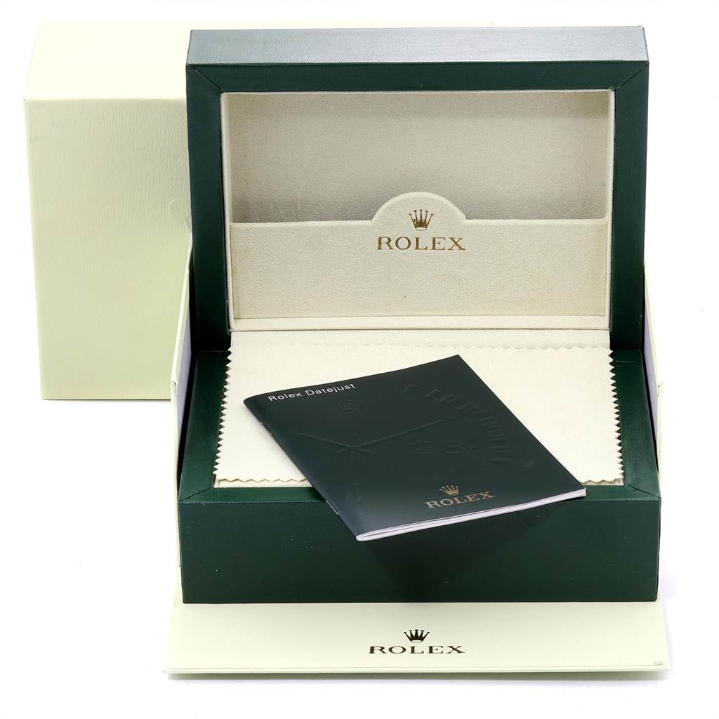 The image shows an open Rolex Datejust 116234 Men's Stainless Steel Black Dial 116234 Men's Stainless Steel Black Dial watch box with a manual inside the box.