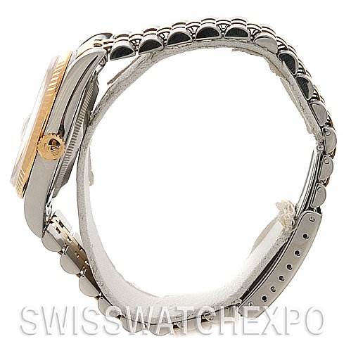 The image shows a side view of a Rolex Datejust 16233 Men's Stainless Steel White Dial 16233 Men's Stainless Steel White Dial watch, highlighting the crown, case, and bracelet.