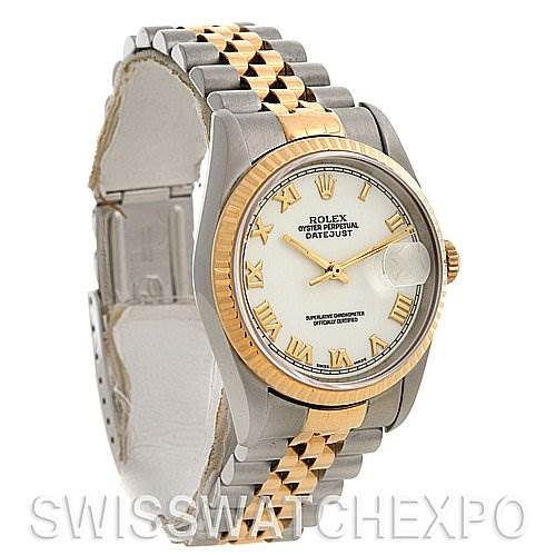 The image shows a Rolex Datejust 16233 Men's Stainless Steel White Dial 16233 Men's Stainless Steel White Dial watch with a two-tone gold and silver bracelet, white dial, and Roman numeral markers, viewed from a slight side angle.