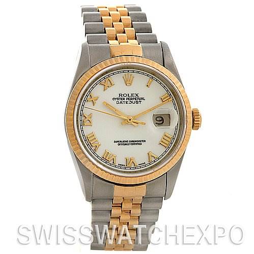 The image shows a front view of a Rolex Datejust 16233 Men's Stainless Steel White Dial 16233 Men's Stainless Steel White Dial watch, highlighting the dial, bezel, case, crown, and the two-tone bracelet.