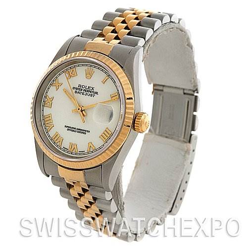 The image shows a Rolex Datejust 16233 Men's Stainless Steel White Dial 16233 Men's Stainless Steel White Dial watch at a three-quarter angle, highlighting the dial, bezel, and two-tone bracelet.