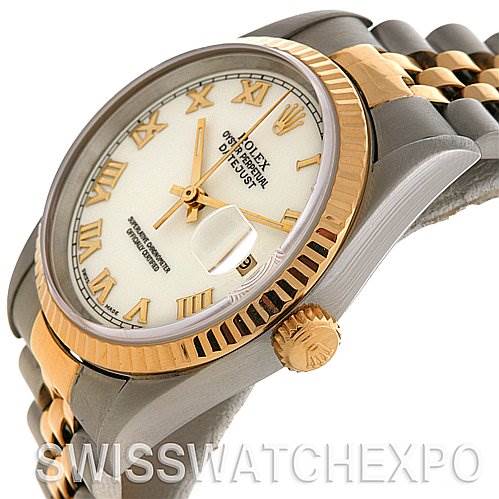 The image shows the side and partial face of a Rolex Datejust 16233 Men's Stainless Steel White Dial 16233 Men's Stainless Steel White Dial, displaying the crown, bezel, and a segment of the band.