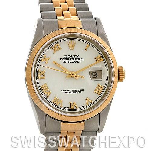 This image shows a frontal view of the Rolex Datejust 16233 Men's Stainless Steel White Dial 16233 Men's Stainless Steel White Dial watch, featuring its dial, bezel, and jubilee bracelet.