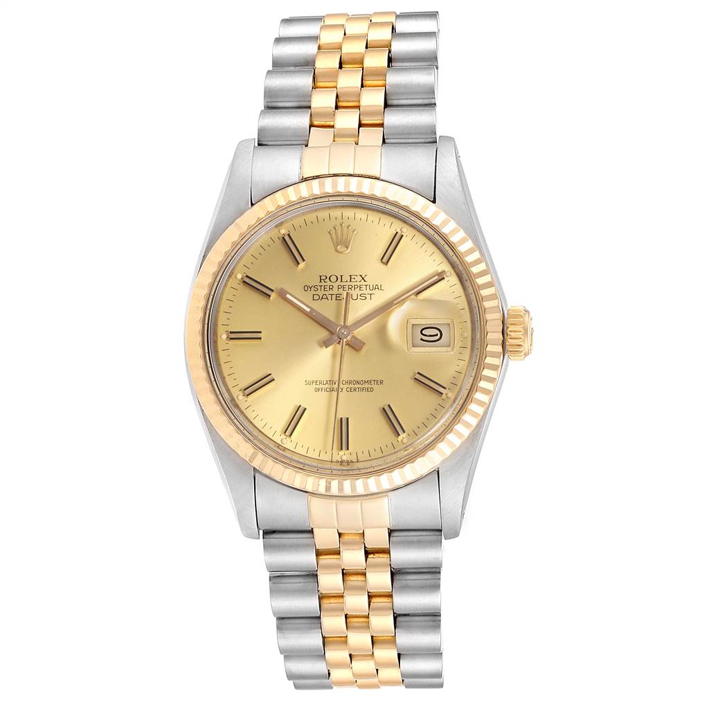 The image shows the Rolex Datejust 16013 Men
s Steel and Gold (two tone) Champagne Dial 16013 Men
s Steel and Gold (two tone) Champagne Dial watch from a front angle, highlighting the face, bezel, and jubilee bracelet.