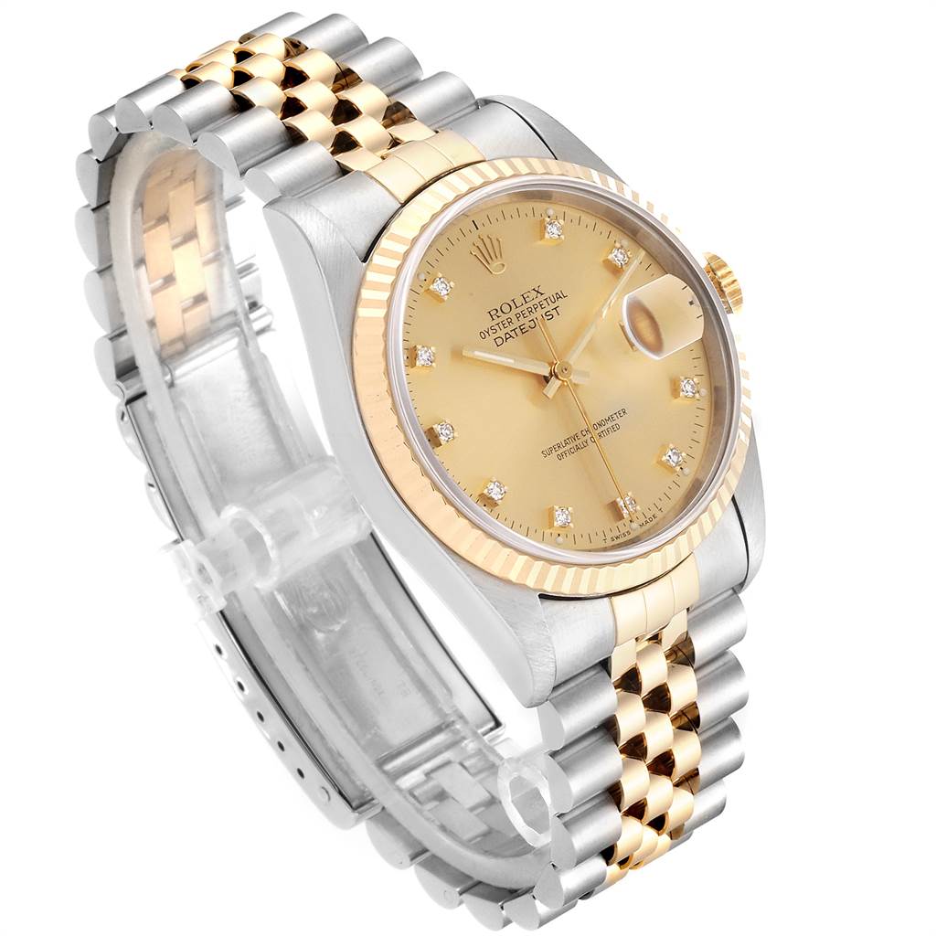 The Rolex Datejust 16233 Men
s Steel and Gold (two tone) Champagne Dial 16233 Men
s Steel and Gold (two tone) Champagne Dial watch is shown at a three-quarter angle, featuring a two-tone bracelet, fluted bezel, and gold dial with diamond markers.