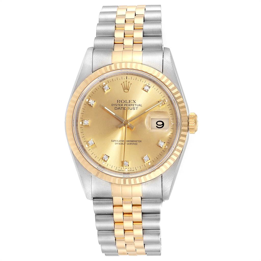 The image shows a front view of a Rolex Datejust 16233 Men
s Steel and Gold (two tone) Champagne Dial 16233 Men
s Steel and Gold (two tone) Champagne Dial watch, highlighting its gold and silver bracelet, fluted bezel, and dial with date display.