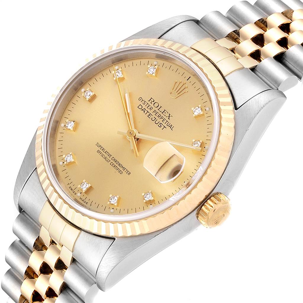 This image shows a Rolex Datejust 16233 Men
s Steel and Gold (two tone) Champagne Dial 16233 Men
s Steel and Gold (two tone) Champagne Dial watch angled to display the face, bezel, crown, and part of the bracelet.