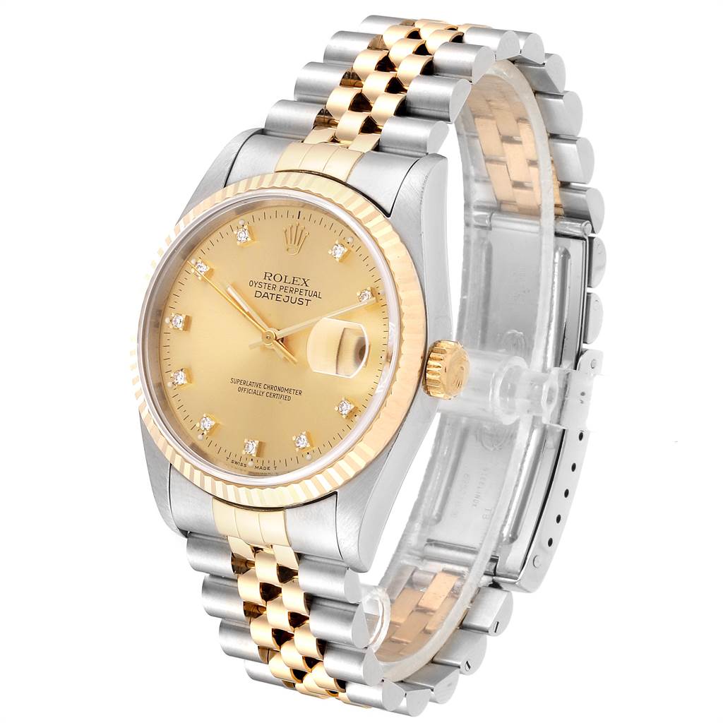 The image shows a Rolex Datejust 16233 Men
s Steel and Gold (two tone) Champagne Dial 16233 Men
s Steel and Gold (two tone) Champagne Dial watch at a three-quarter angle, highlighting its two-tone bracelet and champagne dial.