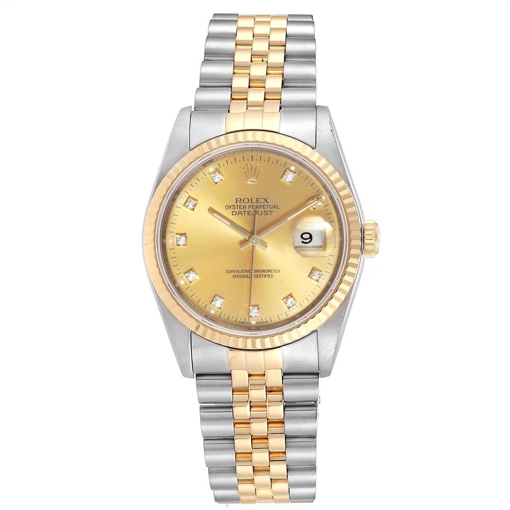 This image shows a front view of a Rolex Datejust 16233 Men
s Steel and Gold (two tone) Champagne Dial 16233 Men
s Steel and Gold (two tone) Champagne Dial watch, displaying the face, bezel, and two-tone bracelet.
