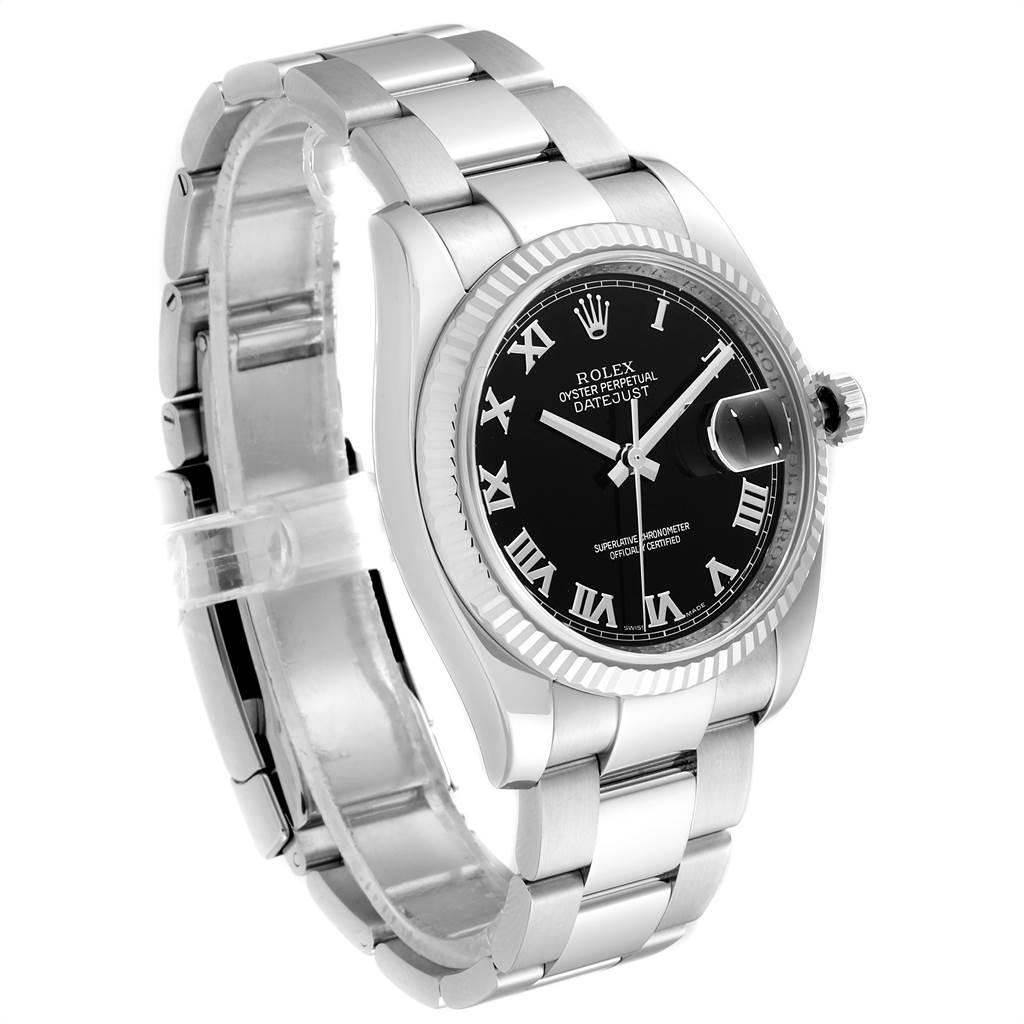 The image shows a side-angle view of a Rolex Datejust 116234 Men's Stainless Steel Black Dial 116234 Men's Stainless Steel Black Dial wristwatch, highlighting its black dial, Roman numerals, and stainless steel bracelet.