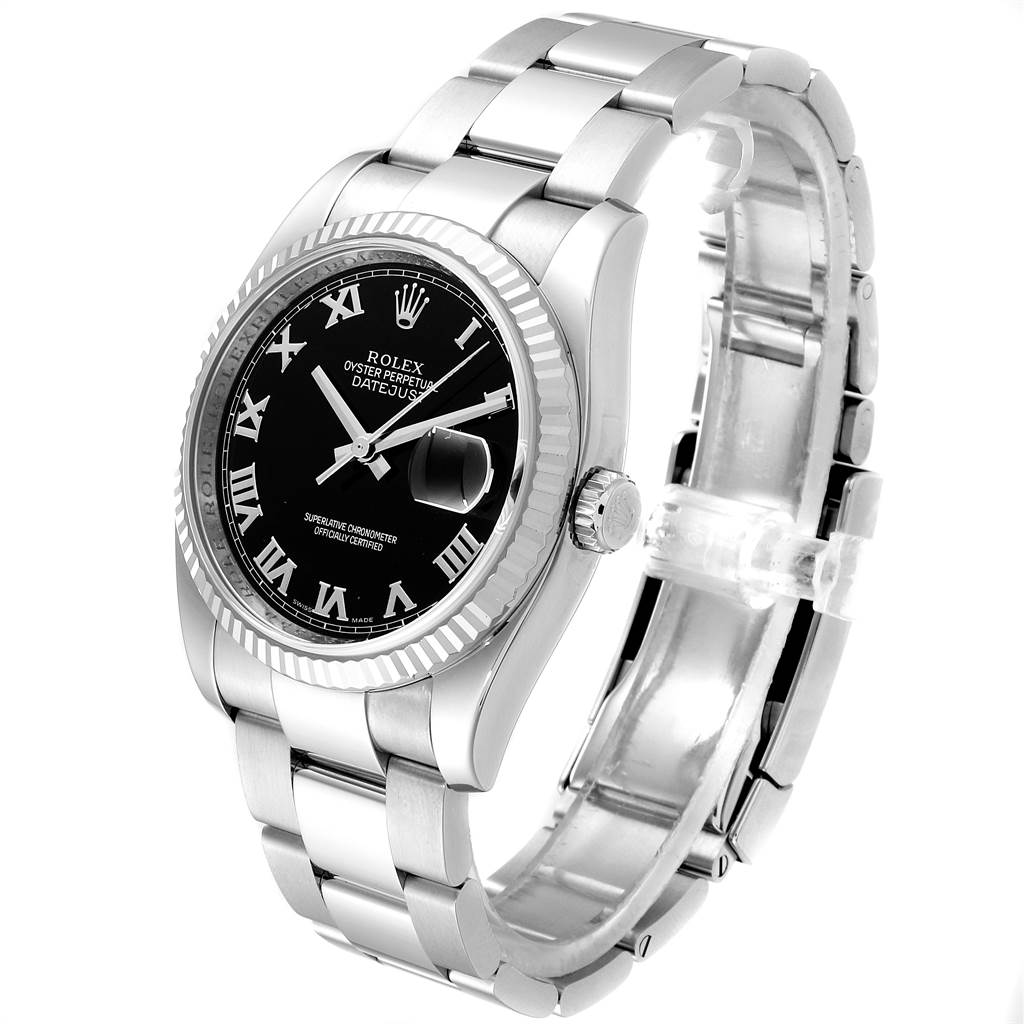 The Rolex Datejust 116234 Men's Stainless Steel Black Dial 116234 Men's Stainless Steel Black Dial watch is shown from a slight side angle, displaying the face, bezel, and bracelet.
