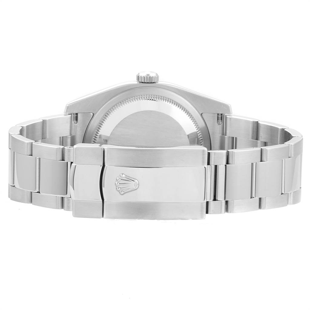 The image shows the back view and clasp of a Rolex Datejust 116234 Men's Stainless Steel Black Dial 116234 Men's Stainless Steel Black Dial watch, highlighting the Oyster bracelet and engraved clasp.