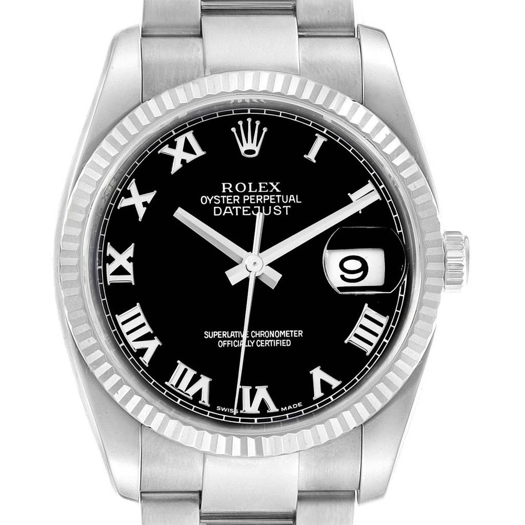 The image shows a frontal view of a Rolex Datejust 116234 Men's Stainless Steel Black Dial 116234 Men's Stainless Steel Black Dial watch featuring a black dial with Roman numerals and a date window at 3 o'clock.