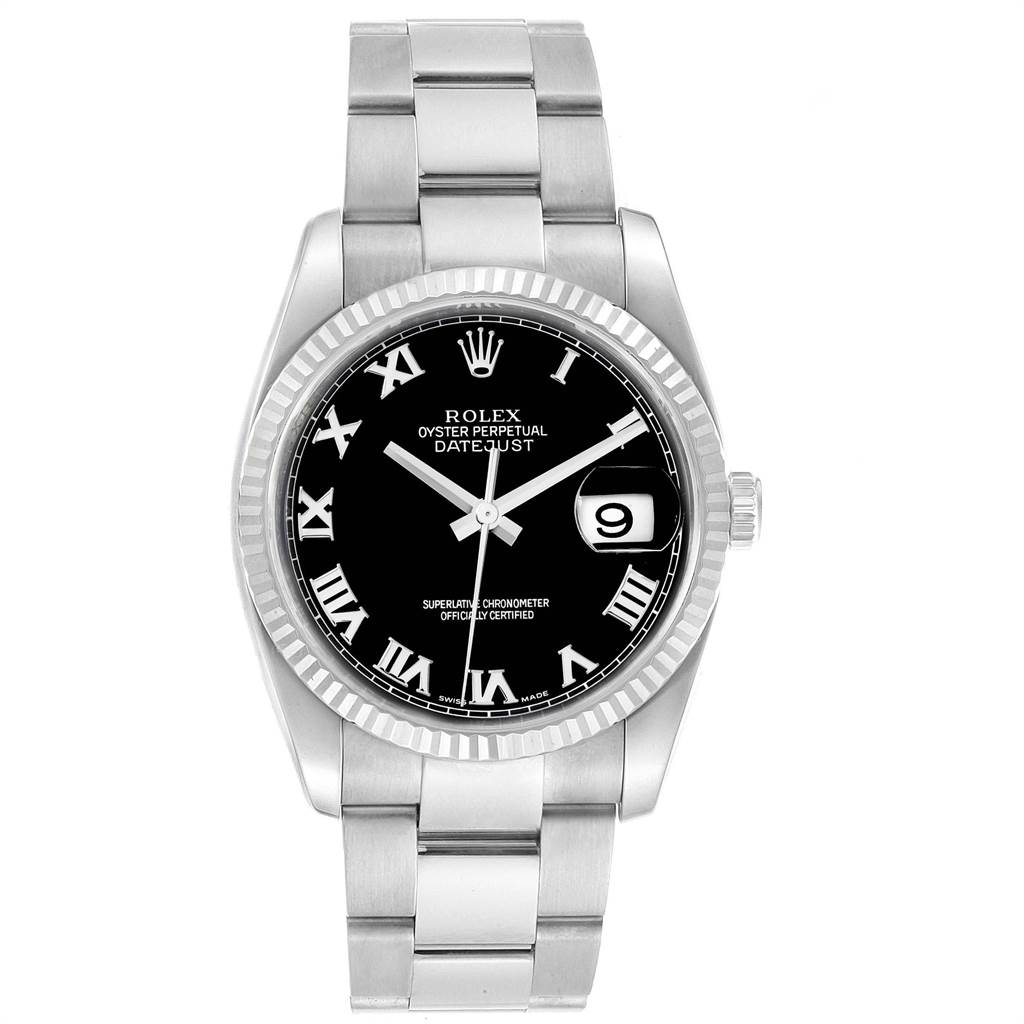 The image shows the front view of a Rolex Datejust 116234 Men's Stainless Steel Black Dial 116234 Men's Stainless Steel Black Dial watch, displaying the dial, bezel, and part of the bracelet.