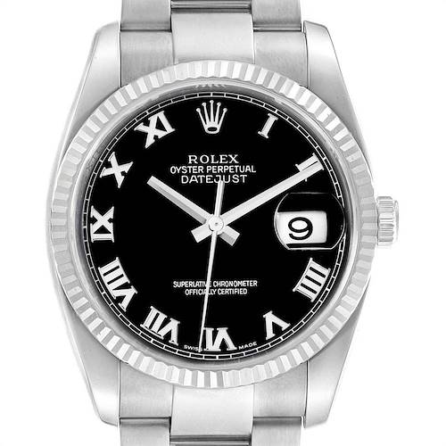 This is a front-facing view of the Rolex Datejust watch, showing its black dial, Roman numerals, fluted bezel, and date display.