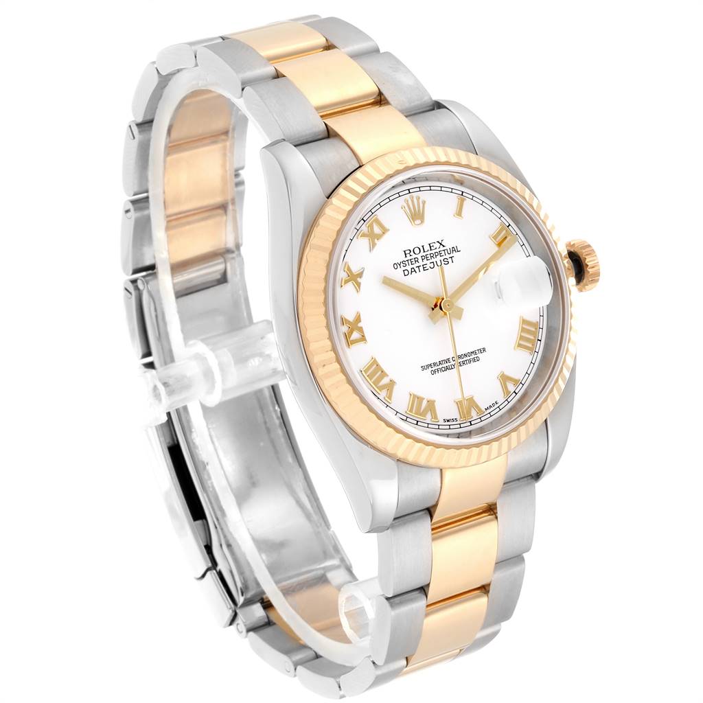 The image displays a side view of a Rolex Datejust 116233 Men's Stainless Steel White Dial 116233 Men's Stainless Steel White Dial watch, highlighting the bracelet, bezel, and face with Roman numerals.