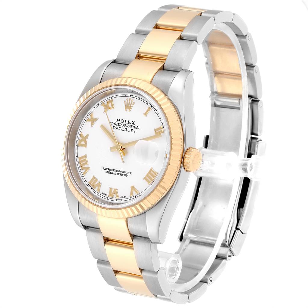 The image shows a Rolex Datejust 116233 Men's Stainless Steel White Dial 116233 Men's Stainless Steel White Dial watch at a three-quarter angle, highlighting its dial, bezel, crown, and two-tone bracelet.