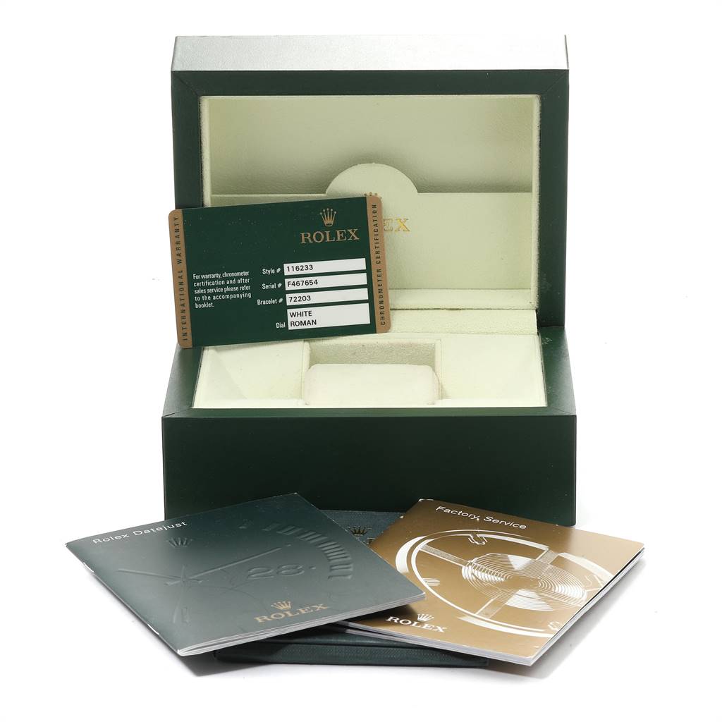 The image shows the packaging, certification card, and manuals for a Rolex Datejust 116233 Men's Stainless Steel White Dial 116233 Men's Stainless Steel White Dial watch, with an open box displaying them.