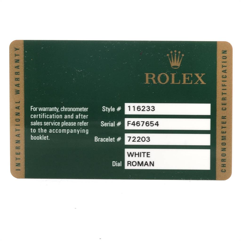 This image shows the warranty card for a Rolex Datejust 116233 Men's Stainless Steel White Dial 116233 Men's Stainless Steel White Dial model, including style, serial, bracelet numbers, and dial information.