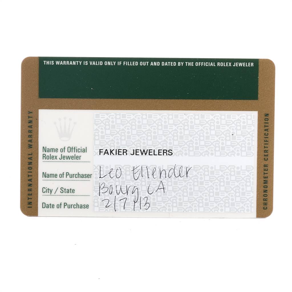 This image shows an International Warranty card for a Datejust model by Rolex, pre-filled with purchase details.