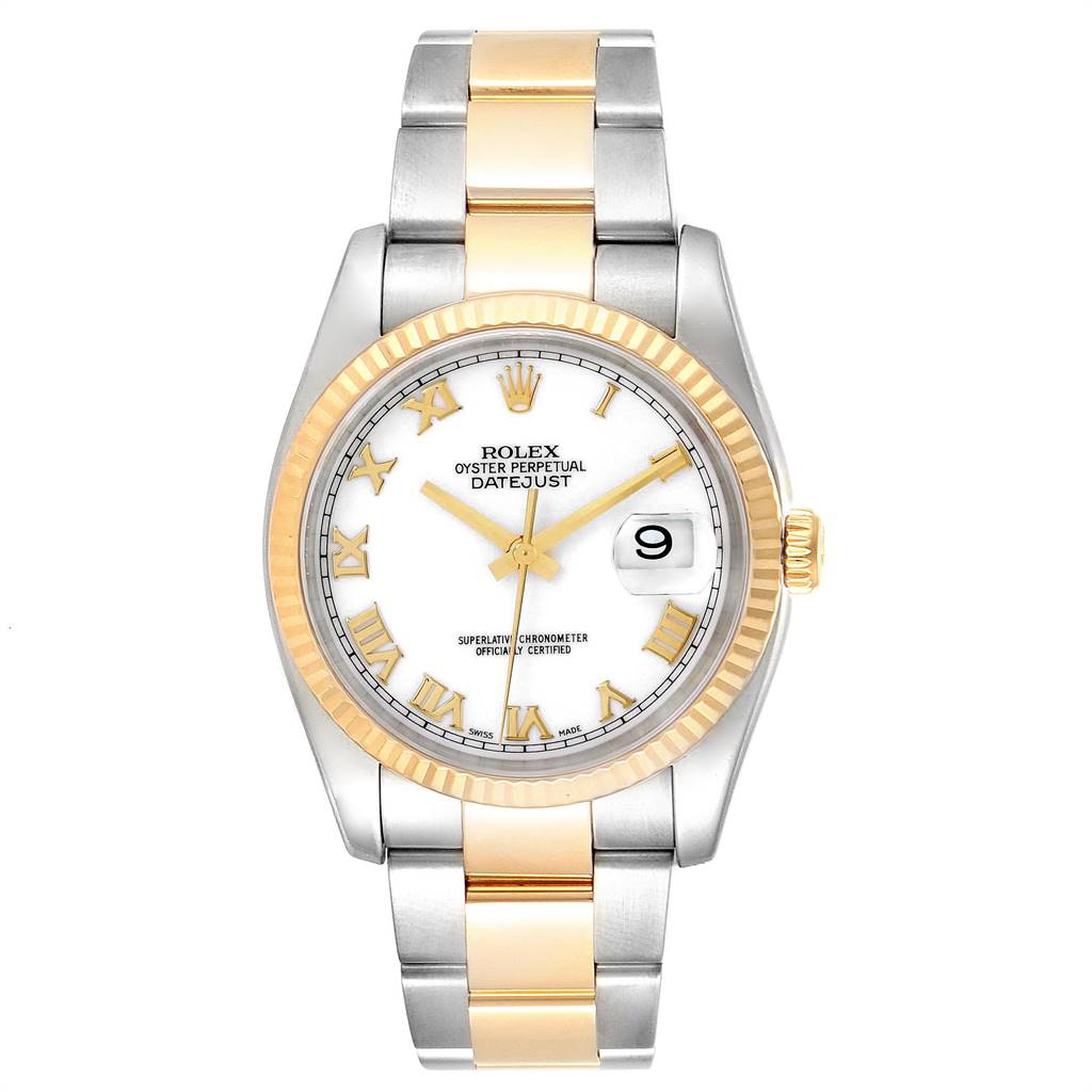This image shows a Rolex Datejust 116233 Men's Stainless Steel White Dial 116233 Men's Stainless Steel White Dial watch from a front angle, highlighting its dial, bezel, and bracelet.