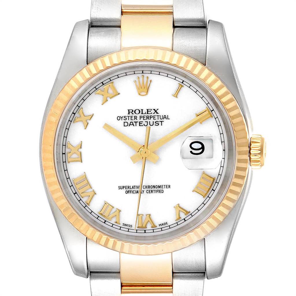 The Rolex Datejust 116233 Men's Stainless Steel White Dial 116233 Men's Stainless Steel White Dial watch is shown from the front, highlighting its white dial, Roman numeral indices, date window, and two-tone bracelet.