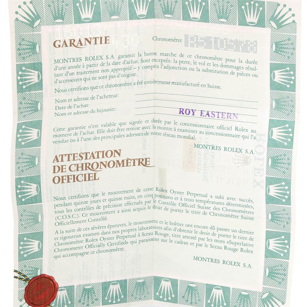 The image shows a guarantee certificate and official chronometer attestation for a Rolex Datejust 16013 Men's Stainless Steel Champagne Dial 16013 Men's Stainless Steel Champagne Dial watch.