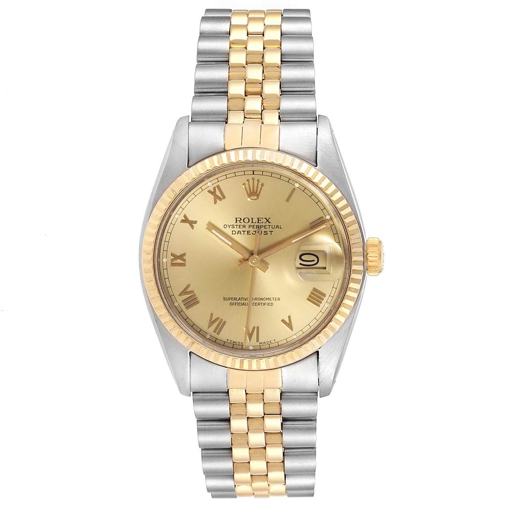 This is a front view of a Rolex Datejust 16013 Men's Stainless Steel Champagne Dial 16013 Men's Stainless Steel Champagne Dial watch, showing the dial, bezel, crown, and two-tone bracelet.