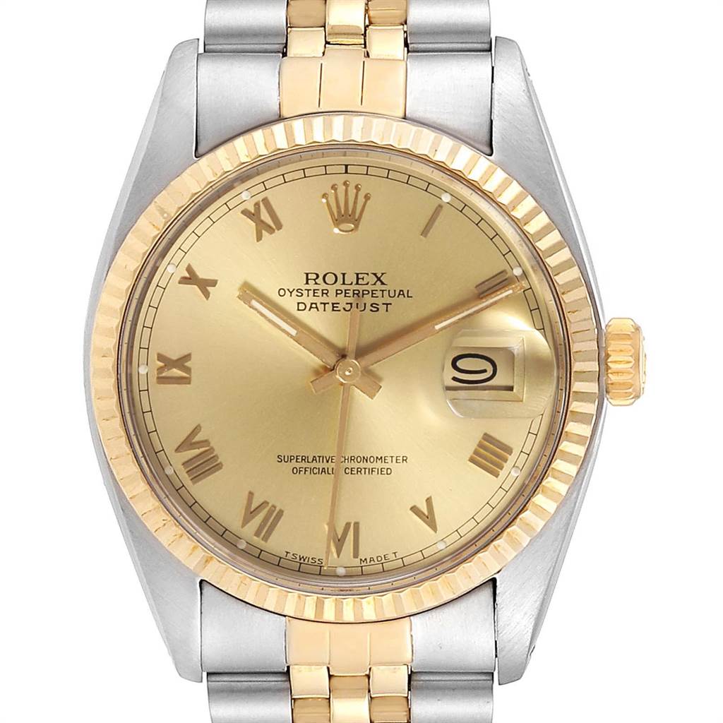 The image shows a front view of a Rolex Datejust 16013 Men's Stainless Steel Champagne Dial 16013 Men's Stainless Steel Champagne Dial watch, highlighting its two-tone bracelet, gold bezel, and champagne dial with Roman numerals.