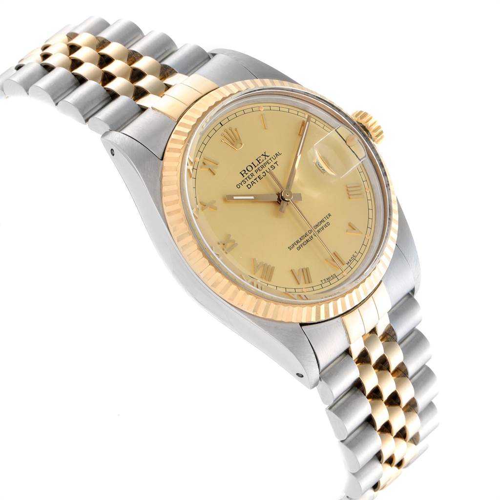The image shows a Rolex Datejust 16013 Men's Stainless Steel Champagne Dial 16013 Men's Stainless Steel Champagne Dial watch angled slightly from the side, highlighting the face, bezel, crown, and part of the bracelet.