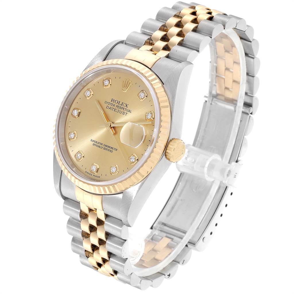 The image shows a Rolex Datejust 16233 Men
s Steel and Gold (two tone) Champagne Dial 16233 Men
s Steel and Gold (two tone) Champagne Dial watch at a three-quarter angle, highlighting its dial, bracelet, and bezel.