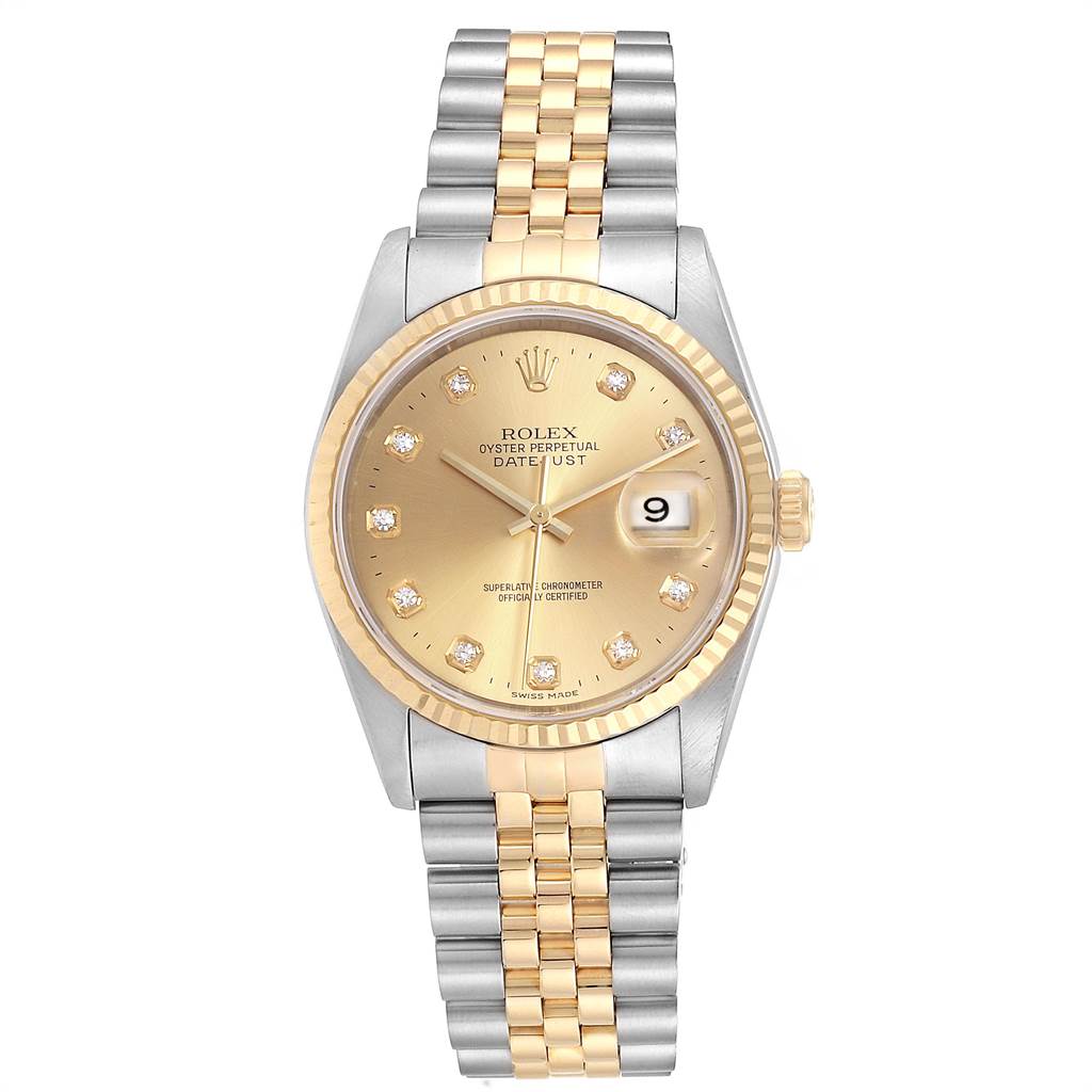 The Rolex Datejust 16233 Men
s Steel and Gold (two tone) Champagne Dial 16233 Men
s Steel and Gold (two tone) Champagne Dial watch is shown from the front, displaying the face, bezel, crown, and bracelet.