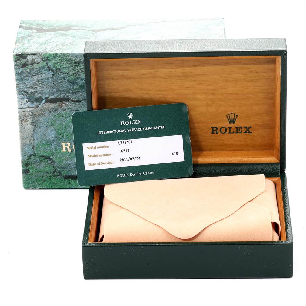 The image shows a Rolex Datejust 16233 Men
s Steel and Gold (two tone) Champagne Dial 16233 Men
s Steel and Gold (two tone) Champagne Dial watch
s box, an international service guarantee card, and an envelope within the box.