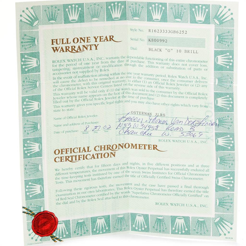 The image shows a warranty and chronometer certification document for the Rolex Datejust 16233 Men
s Steel and Gold (two tone) Black Dial 16233 Men
s Steel and Gold (two tone) Black Dial model.