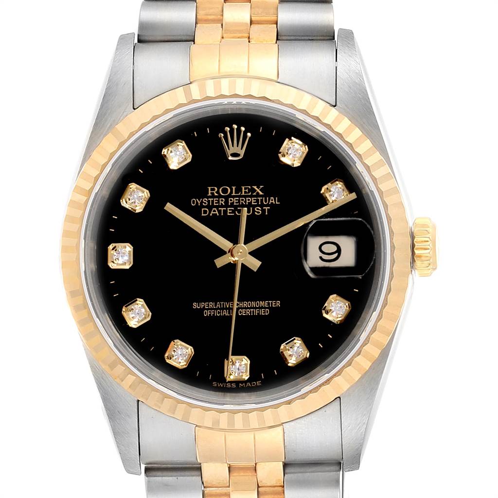 This image shows a Rolex Datejust 16233 Men
s Steel and Gold (two tone) Black Dial 16233 Men
s Steel and Gold (two tone) Black Dial model from a front angle, highlighting the face, bezel, crown, and part of the bracelet.