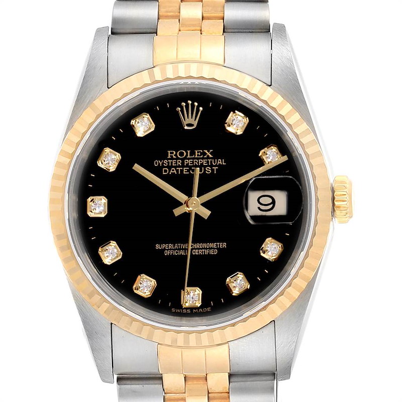 Rolex Datejust Steel Yellow Gold Black Diamond Dial Mens Watch 16233 NOS SwissWatchExpo