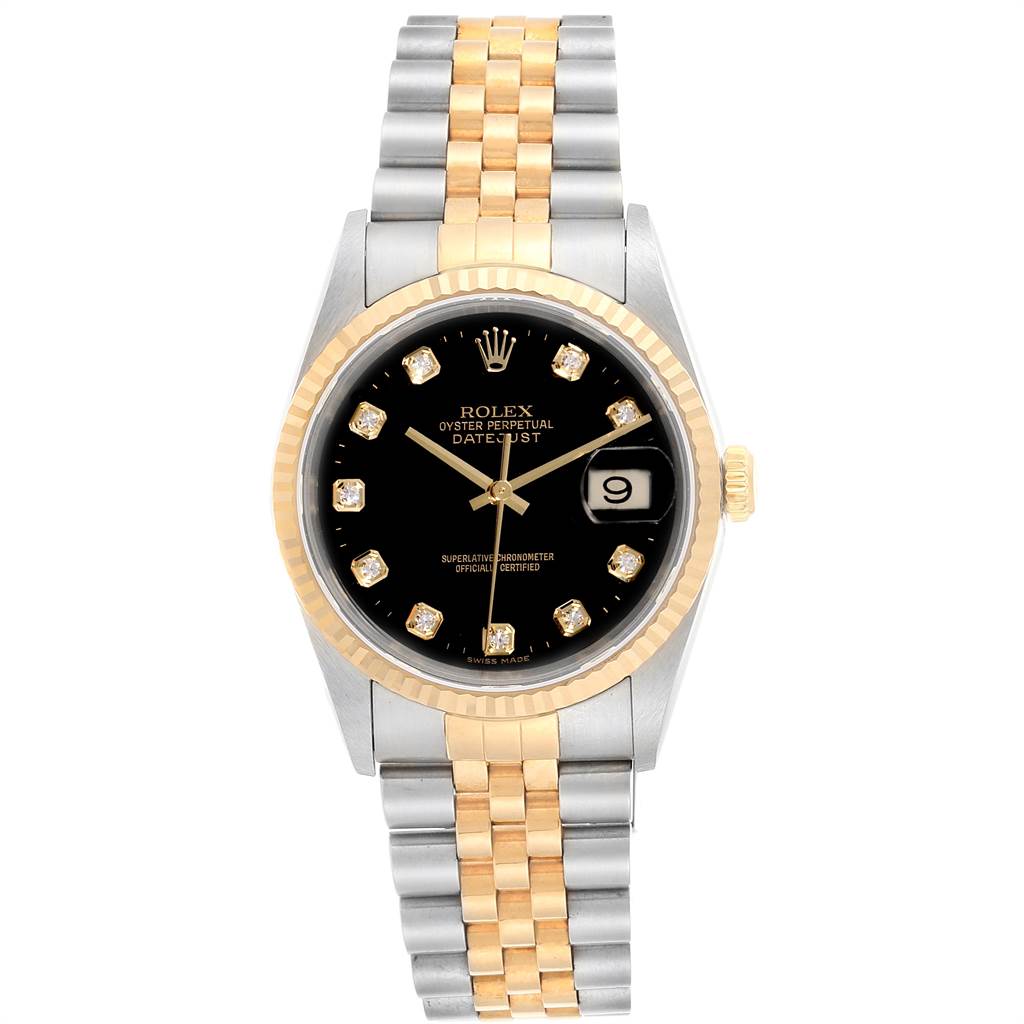 The image shows a Rolex Datejust 16233 Men
s Steel and Gold (two tone) Black Dial 16233 Men
s Steel and Gold (two tone) Black Dial watch from the front, displaying its two-tone bracelet, black dial, and date function.