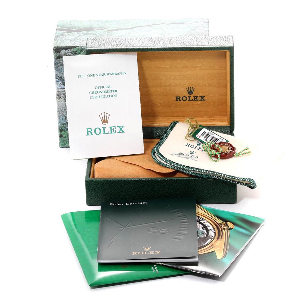 The image shows the packaging and accessories of a Rolex Datejust 16233 Men
s Steel and Gold (two tone) Black Dial 16233 Men
s Steel and Gold (two tone) Black Dial watch, including a box, manuals, and certification documents.