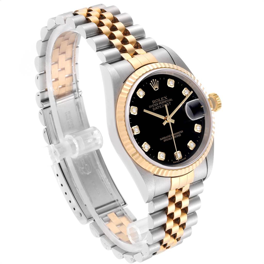 This Rolex Datejust 16233 Men
s Steel and Gold (two tone) Black Dial 16233 Men
s Steel and Gold (two tone) Black Dial watch is shown at an angle showcasing its black dial, diamond hour markers, fluted bezel, and two-tone bracelet.
