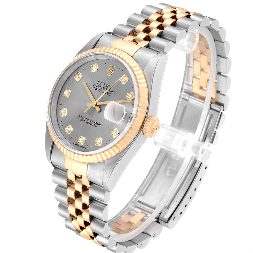 The image shows a Rolex Datejust 16233 Men's Steel and Gold (two tone) Silver Dial 16233 Men's Steel and Gold (two tone) Silver Dial watch at a side angle, highlighting the face, bracelet, crown, and part of the clasp.