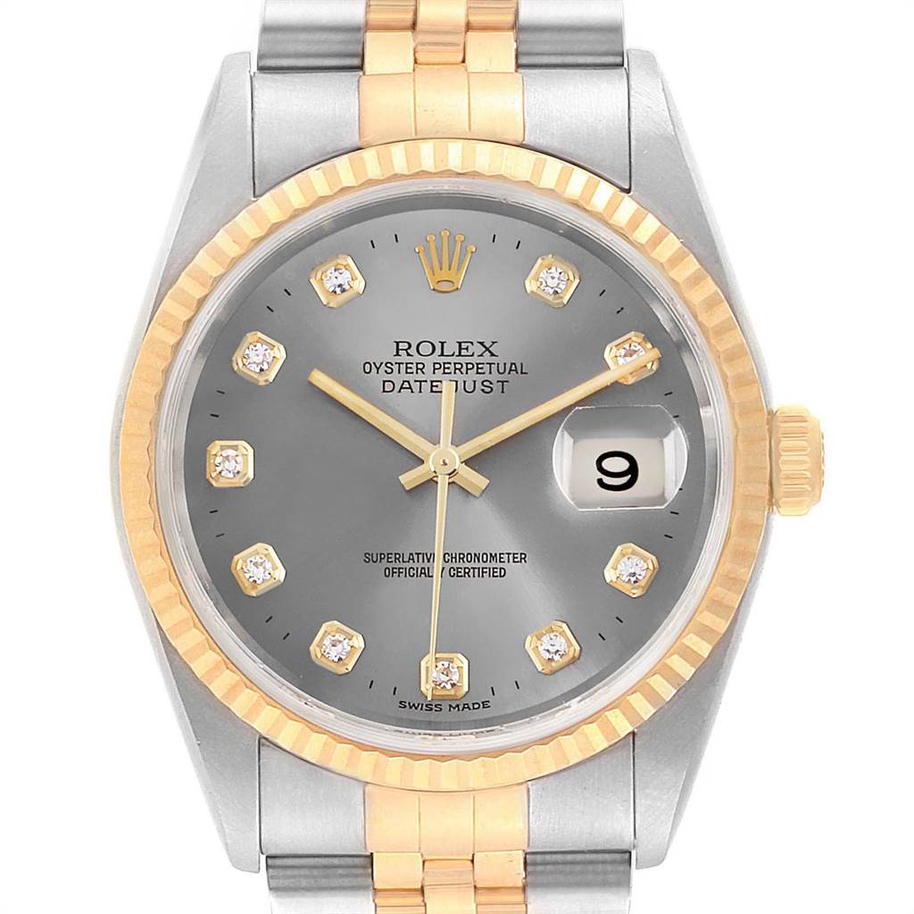 The image shows a front view of a Rolex Datejust 16233 Men's Steel and Gold (two tone) Silver Dial 16233 Men's Steel and Gold (two tone) Silver Dial watch, highlighting the face, bezel, crown, and part of the bracelet.