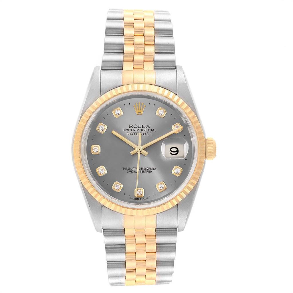 This image shows a front view of a Rolex Datejust 16233 Men's Steel and Gold (two tone) Silver Dial 16233 Men's Steel and Gold (two tone) Silver Dial watch featuring a two-tone band and a gray dial with diamond hour markers.