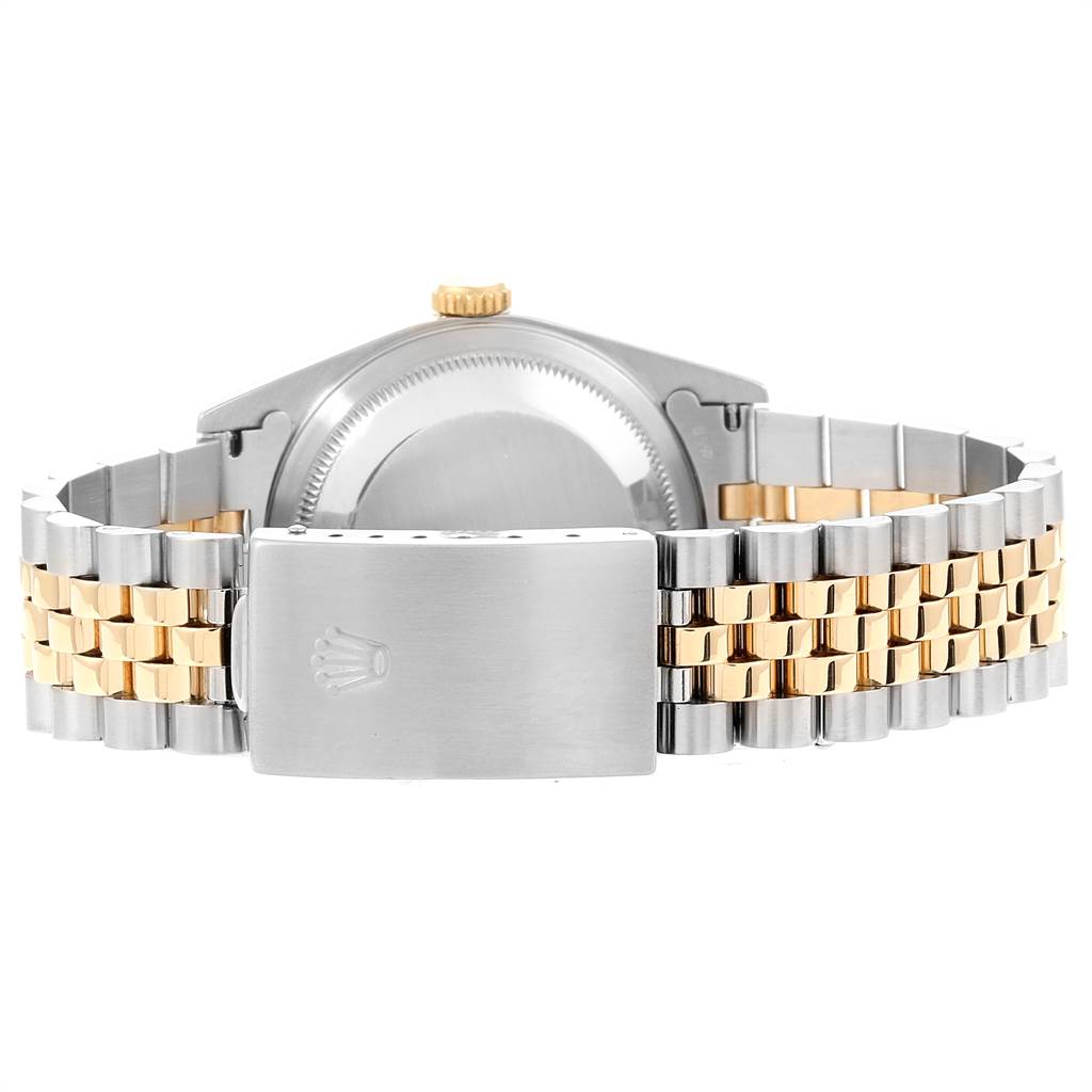 This image shows the back of a Rolex Datejust 16233 Men's Steel and Gold (two tone) Silver Dial 16233 Men's Steel and Gold (two tone) Silver Dial watch, highlighting the case back, crown, and two-tone Jubilee bracelet with clasp.