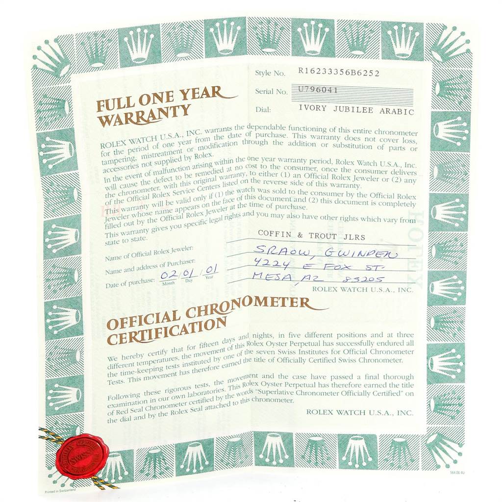 This image shows the warranty and certification document for the Rolex Datejust 16233 Men
s Steel and Gold (two tone) Beige Dial 16233 Men
s Steel and Gold (two tone) Beige Dial model watch.
