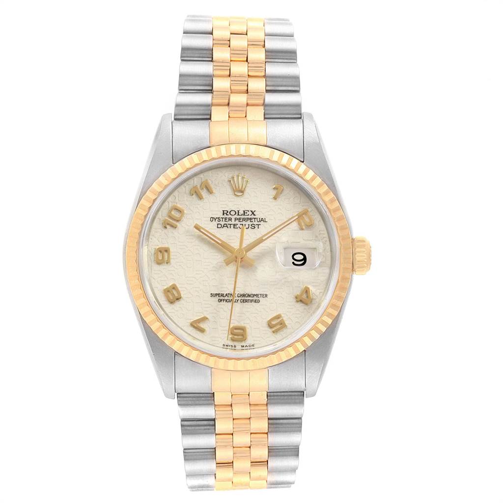 The image shows a Rolex Datejust 16233 Men
s Steel and Gold (two tone) Beige Dial 16233 Men
s Steel and Gold (two tone) Beige Dial watch from a top-down angle, highlighting the face, bezel, crown, and two-tone bracelet.